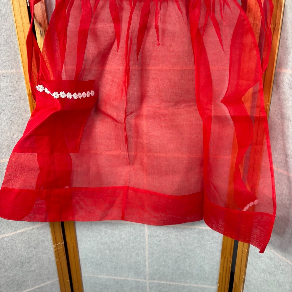 Vintage Half Apron Red Sheer Organza Floral Lace Trim Pocket 1950s Hostess - Picture 5 of 7